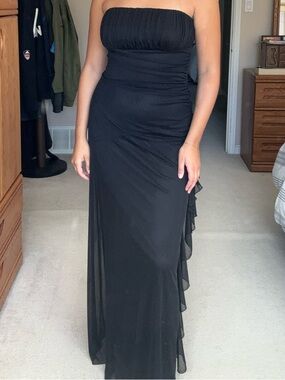 le chateau Black Maxi Dress with Draped Neckline and Side Ruffles